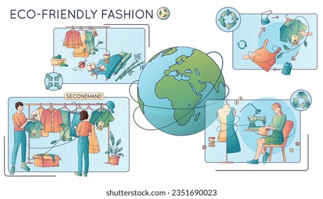 Eco friendly fashion flat concept demonstrating second hand shop and made from recycled materials clothes vector illustration