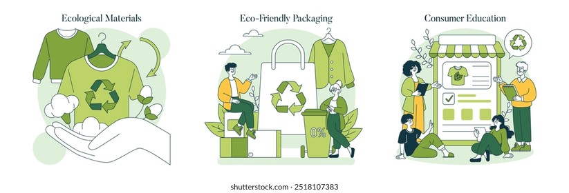 Conjunto de moda eco-amigável. Práticas sustentáveis de vestuário, desde materiais até embalagens. Educar os consumidores sobre o impacto ambiental. Ilustração vetorial.