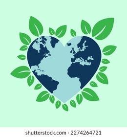 Eco friendly flat icon with green leaves and globe heart.
