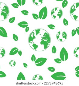 Eco friendly flat icon pattern with green leaves and globe. Vector illustration.