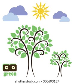 Eco friendly forest landscape. Green abstract trees. Sunny weather. Go green.