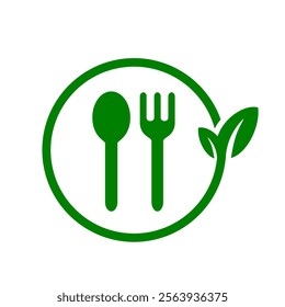 Eco friendly fork and spoon with double leaf element green colour. Use recycle utensil food campaign to save earth. Fork spoon icon vector illustration