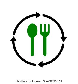 Eco friendly fork and spoon green colour and black recycle arrow. Use recycle utensil food campaign to save earth. Fork spoon icon vector illustration