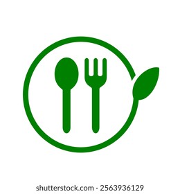 Eco friendly fork and spoon with leaf element green colour. Use recycle utensil food campaign to save earth. Fork spoon icon vector illustration