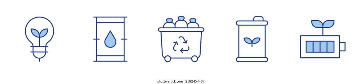 eco friendly, eco fuel, garbage can, eco energy, light bulb. Ecology Icon vector illustration. Line Duotone style. Editable stroke.