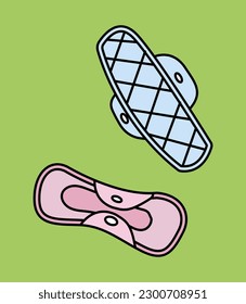 Eco friendly gaskets. Blue and pink hygiene element for women made from environmentally friendly materials. Periods and menstruation, cleanliness. Cartoon flat vector illustration