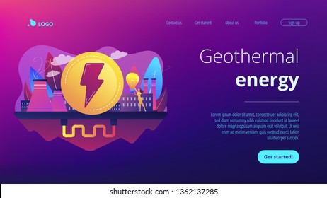 Eco friendly geothermal renewable energy plant and light bulb. Geothermal energy, renewable sources, enhanced geothermal system concept. Website vibrant violet landing web page template.