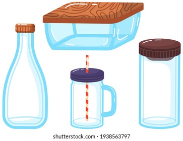 Eco friendly glass packaging, set of containers jars, bottles and boxes for storing food and liquids
