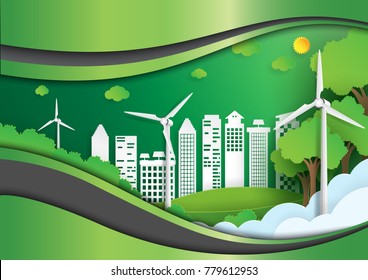 Eco friendly with green city and environment conservation concept.Nature urban landscape for green energy paper art style.Vector illustration.