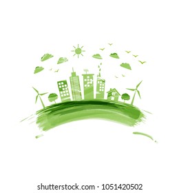 Eco friendly, Green city, Environmentally saving concept with watercolor paint, Vector illustration