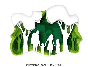 Eco friendly green city, family walking in the park, vector illustration in paper art style. Save the world and environment, ecology concept.