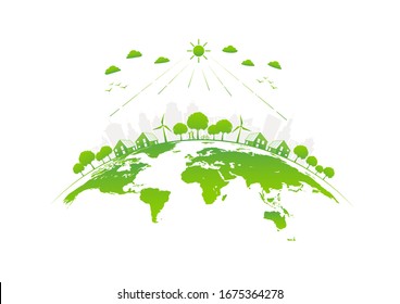 Eco friendly with green city on earth, World environment day and sustainable development concept, vector illustration