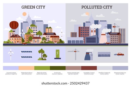 Eco friendly green city with parks. Polluted city with factory plants smoking pipes. Cartoon alternative energy development or industrial. Clean or dirty environment towns vector flat infographics