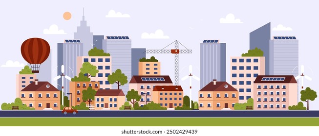 Eco friendly green city with skyscrapers and parks. Cartoon alternative energy development, solar panels and electrical windmill, aerostat. Clean environment town vector flat illustration