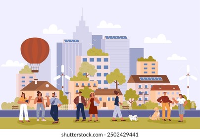 Eco friendly green city with skyscrapers and parks. Cartoon happy people walking with pets. Alternative energy development, solar panels and electrical windmill, aerostat. Vector flat illustration