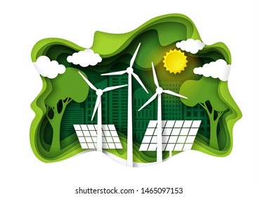 Eco friendly green city with wind turbines and solar panels, vector illustration in paper art style. Save the world and environment, alternative energy, ecology concept.