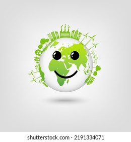 Eco Friendly green city with world smile face and happiness about good climate and Global warming prevention concept,vector illustration