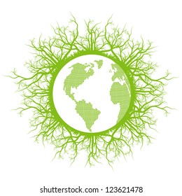 Eco friendly green earth planet with ecology roots vector background