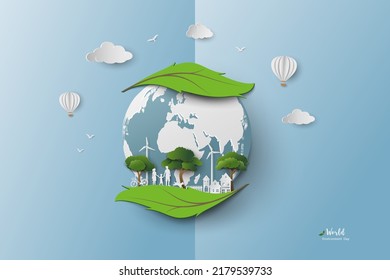 Eco friendly and green energy city concept with family love nature on leaf shape abstract background,vector illustration