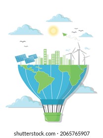 Eco friendly Green energy concept creative vector design Clean Cityscape with Wind Turbines and Solar Panels Power Generators Hot Air Balloons Symbolising Planet Earth World Map Vector Design Abstract