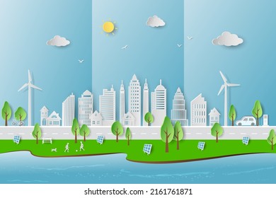 Eco friendly and green energy concept with eco city on paper art style,vector illustration