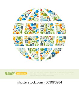 Eco Friendly, green energy concept, vector illustration. Globe symbol with flat ecology icons. Earth Day.