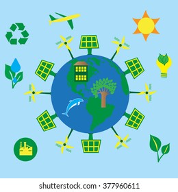 Eco Friendly, green energy concept, vector flat illustration. Solar energy town, wind energy.