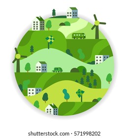 Eco Friendly, green energy concept, vector illustration. Solar energy town, wind energy, electric cars. Save the planet concept for web page, website, poster, infographics