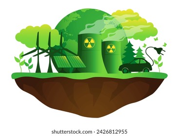 Umweltfreundliche Ikone für grüne Energie. Diese Grafik vereint Symbole aus Windkraft, Atomenergie und Solarpaneelen und stellt eine harmonische Synergie zu nachhaltigen Lösungen dar