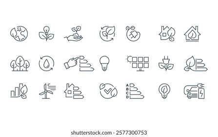 Eco friendly Green energy icons. Graphic flat signs with editable stroke line, isolated on white.
