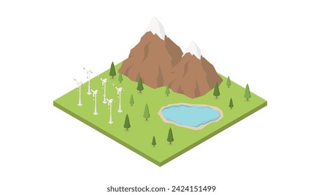 Eco friendly and green energy landscape with wind turbines isometry. Eco friendly alternative energy sources concept. Green nature on isometric landscape background,vector illustration.