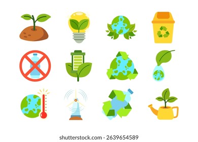Eco friendly green energy and recycling cartoon Icon Set, promoting environmental conservation