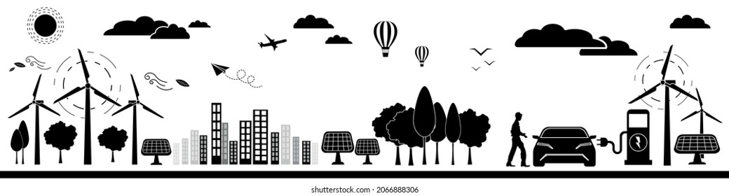 Eco Friendly and Green Energy Silhouette Vector Design Elements Isolated on White Background Alternative energy Concept Vector Banner Design or Isolated Design Elements Technological sustainable Power