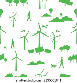 Eco Friendly and Green Energy Green  Silhouette Vector Seamless Pattern on White Background Alternative energy Concept Vector Banner Design or Design Elements Technological sustainable Power