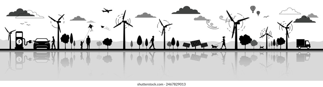 Elementos de diseño de Vector de silueta de energía ecológica y verde aislados sobre fondo blanco Concepto de energía alternativa Diseño de Anuncio de Vector o Elementos de diseño aislados Energía sostenible tecnológica