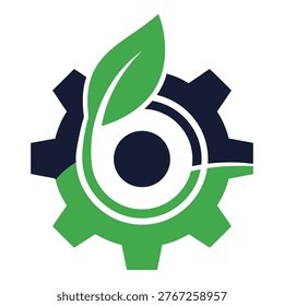 Eco friendly green leaf gear icon for environmental technology and sustainable energy solutions icon