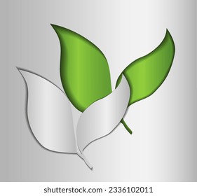 Eco friendly green logo on silver background, green leaves in paper cut style. The concept of green ecology, clean ecology, environmental friendliness of products, eco friendly