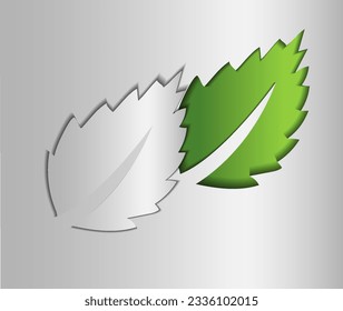 Logotipo ecológico verde sobre un fondo plateado con hojas verdes en un estilo cortado de papel. El concepto de ecología verde, ecología limpia, ecología ecológica de los productos, ecología ecológica