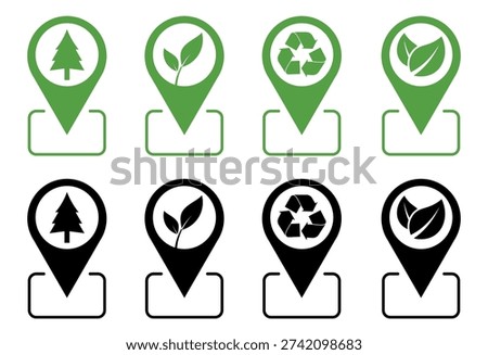 Eco friendly green map pin icons set with leaf tree and recycling location symbols