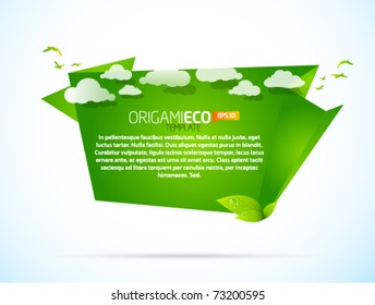 Eco friendly green origami template with clouds