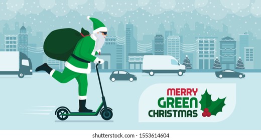 Eco friendly green Santa carrying gifts on a kick scooter in the city street on Christmas, sustanability and technology concept