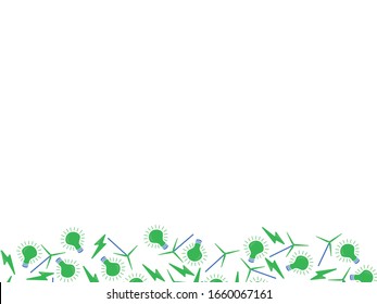 Eco friendly Green solar electricity Green Blue White pattern bottom frame, lightning, wind turbine and bulb 