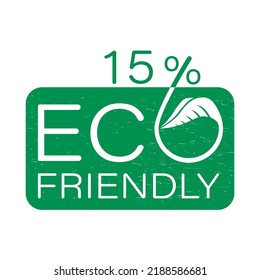 Sello Ecológico Verde. 15% de la calidad original de la ilustración vectorial con hoja para etiqueta o pegatina. Icono antiguo ecológico. Símbolo de planta orgánica.
