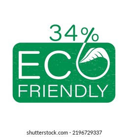 Eco Friendly Green Stamp. 34% percentage original quality sign vector art illustration with leaf for label or sticker. Eco friendly ancient icon. Organic plant symbol.