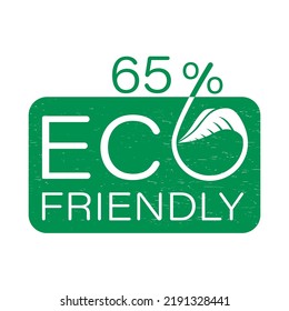 Eco Friendly Green Stamp. 65% percentage original quality sign vector art illustration with leaf for label or sticker. Eco friendly ancient icon. Organic plant symbol.