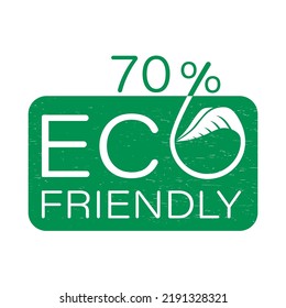 Eco Friendly Green Stamp. 70% percentage original quality sign vector art illustration with leaf for label or sticker. Eco friendly ancient icon. Organic plant symbol.