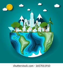 Eco friendly Green sustainable city with wind turbines and photovoltaic panels. Save the planet, earth day, renewable energy resources concepts. Ecology Vector illustration in paper cut origami style 