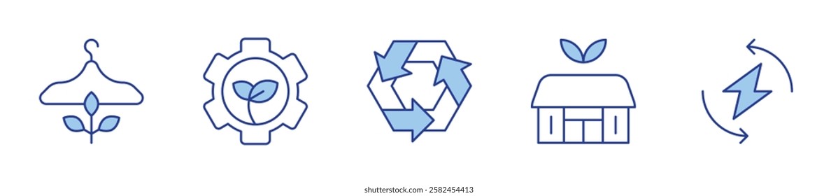 eco friendly, green technology, eco hotel, recycling, renewable energy. Ecology Icon vector illustration. Line Duotone style. Editable stroke.