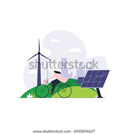 Eco friendly and green zone, young girl riding bicycle in nature, clean and green energy, renewable sources