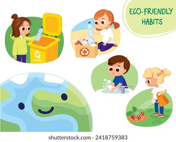 Eco friendly habits. Children, kids sorting waste, throw into the garbage bin. Eco friendly recycling illustration. Set of children doing waste sorting. Environmental protection.